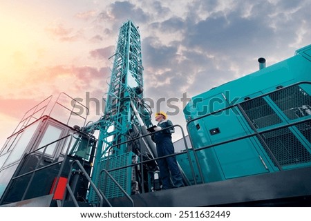 Industry operator use computer tablet for control drilling rig offshore. Technology in industrial exploration oil, minerals, gas and artisan water.