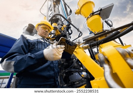 Industry operator use computer tablet for control drilling rig for exploration of minerals for oil, gas and artisan water.