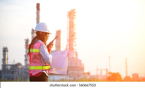 Industry Safety.  The People Worker Women Engineer Work Control At Power Plant Energy Industry Manufacturing, Thailand.  Engineer Concept.
