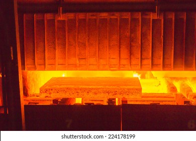 Industry Steel, Hot Slab Extracting From Furnace.