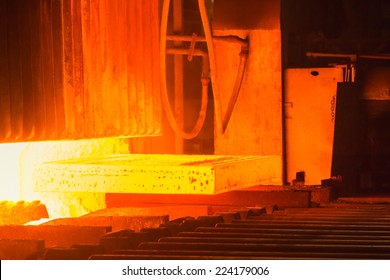 Industry Steel, Hot Slab Extracting From Furnace.