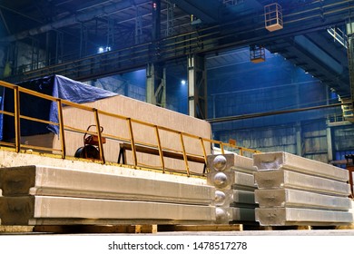 Industry. Warehouse At An Aluminum Smelter, Production Of Aluminum Metal Ingots For Industry