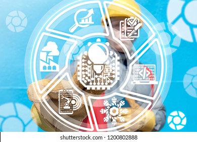 Industry Worker Clicks A Micro Chip With Light Bulb Button On A Virtual Panel. Smart Machine Learning Industrial Circuit AI Technology.