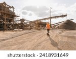 Industry worker engineer work on sand quarry open pit mine. Machine for stone crusher, belt conveyor.