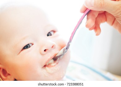 Infant Baby Child Boy Six Months Old Is Eating