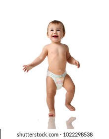 Infant Child Baby Girl Kid Toddler In Diaper  Make First Steps Isolated On A White Background