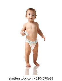 Infant Child Baby Girl Kid Toddler In Diaper  Make First Steps With Mobile Cellphone Isolated On A White Background