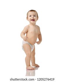 Infant Child Baby Girl Kid Toddler In Diaper  Make First Steps Standing Happy Smiling Laughing Isolated On A White Background