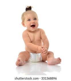 Infant Child Baby Girl Toddler Sitting Smiling Laughing Looking Up Isolated On A White Background