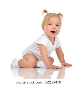 Infant Child Baby Girl Toddler Crawling Happy Looking Straight Isolated On A White Background