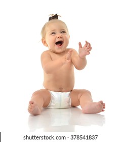 Infant Child Baby Girl Toddler Sitting Smiling Laughing Looking Up Isolated On A White Background