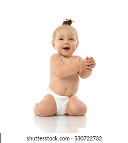 Infant Child Baby Girl Toddler Sitting Smiling Laughing Looking Up Isolated On A White Background