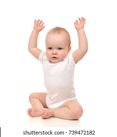 Infant Child Baby Girl Toddler Sitting With  Hands Raise Up Isolated On A White Background