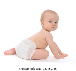 Infant child baby toddler sitting crawling backwards happy smiling on a white background