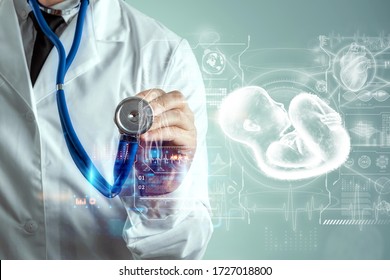 Infant, a child in a fetal position, an embryo, a hologram with all medical indicators. The concept of pregnancy, artificial insemination, medical examination, technology, the future of medicine - Shutterstock ID 1727018800