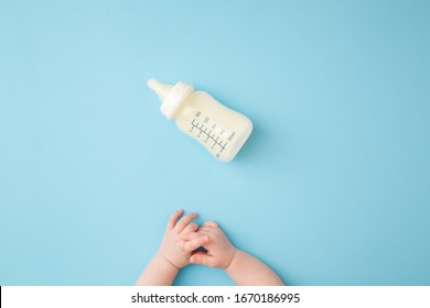 Infant hands and bottle of milk on light blue table background. Feeding time. Pastel color. Closeup. Point of view shot.
 