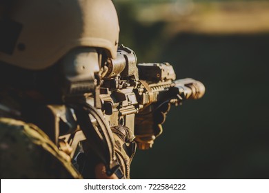 Infantry Soldier Shooting During Military Combat Training.war, Army, Weapon, Technology And People Concept.