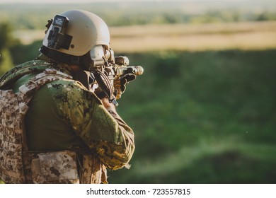 Infantry Soldier Shooting During Military Combat Training.war, Army, Weapon, Technology And People Concept.