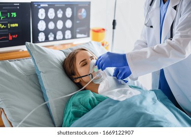 Infected Patient In Quarantine Lying In Bed In Hospital, Coronavirus Concept.