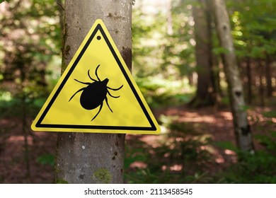 Infected Ticks Warning Sign In A Forest. Risk Of Tick-borne And Lyme Disease.