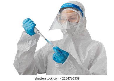 Infectious Disease Specialist In Biohazard Protective Suit Or PPE, N95 Mask And Face Shield Working With Pipette Dispenser For Bio Laboratory Research. The Concept Of Biological Hazard.