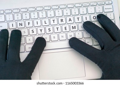 Infiltration System Inscription On Laptop Keyboard. Hacker Man Using A Laptop Attacks The Web. Cyberattack, Online Theft Of Personal Data And Cybercrime Concept 