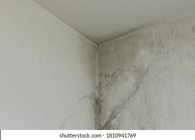 infiltration of water, mold and cracks in the wall and white roof of the house