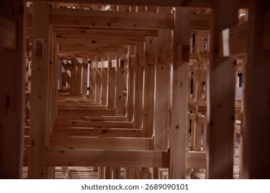 An infinite perspective view through a complex wooden structure. This abstract architectural installation symbolizes concepts like journey, strategy, complexity, and endless possibilities.