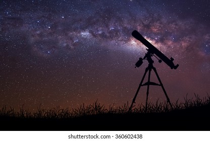 Infinite Space Background With Silhouette Of Telescope. This Image Elements Furnished By NASA.