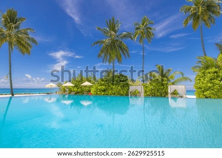 Infinity beach pool with palm trees, umbrellas canopy luxurious tropical resort scene. Tranquil serene ocean view, sunlit ambiance, relaxing summer vibes. Vacation atmosphere, amazing sunny landscape