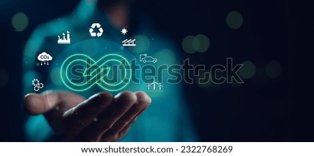 Infinity symbol with Circular business economy environment icons on human hand, future sustainable investment growth, reduce environmental pollution for future concept. Green clean stop pollution