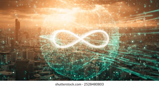 Infinity symbol connection dots data technology, user usage data storage information speed cloud storage unlimited data internet, infinite sign resource, vector illustration cityscape background - Powered by Shutterstock - Get 15% off with code: PIKWIZARD15