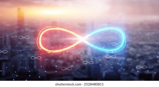 Infinity symbol connection dots data internet 5G 6G technology, cyberspace futuristic unlimited infinite power energy internet information limitless usage, vector illustration blue city background