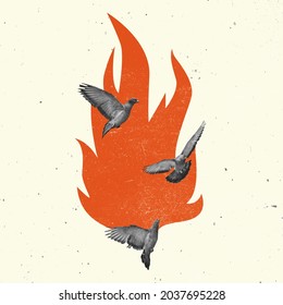 Inflammability. Contemporary Art Collage, Modern Creative Design. Idea, Inspiration, Saving Ecology, Environmental Care, Warming Of The Earth's Climate. Poster, Minimalism. Birds And Fire