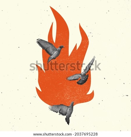 Inflammability. Contemporary art collage, modern creative design. Idea, inspiration, saving ecology, environmental care, warming of the Earth's climate. Poster, minimalism. Birds and fire