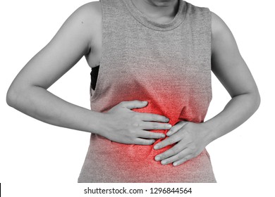 Inflammation colored in red suffering. stomach painful suffering from stomachache causes of menstruation period, gastric ulcer, appendicitis or gastrointestinal system disease. Healthcare concept