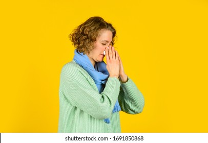 Inflammation nasal sinus. Chronic sinusitis. Cold flu symptoms. Woman blowing nose. Respiratory disease. Influenza infection. Sinusitis treatment. Sinusitis diagnostics. Runny nose. Seasonal allergy.