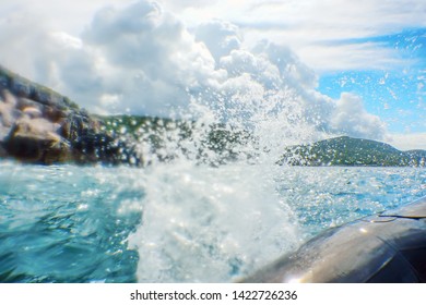 Inflatable Boat Breaking Sea Waves, Freedom And Movement