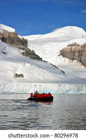 Inflatable Boat Full Of Tourists In Antarctica