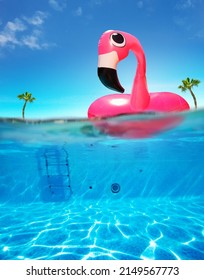 Inflatable flamingo rubber buoy and pool underwater split photo with air bubbles