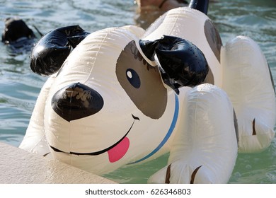 An Inflatable Lilo Shaped Like A Dog Floats In A Pool.