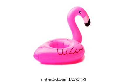 Inflatable Little Flamingo On An Isolated White Background. Cup Holder For The Pool. Concept Of Summer Time. Beach Summer Composition.