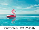 Inflatable pink flamingo in an infinity pool, summer concept.