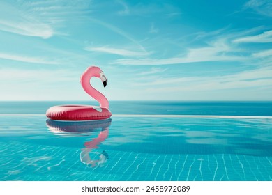 Inflatable pink flamingo in an infinity pool, summer concept.