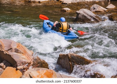 Inflatable Raft Extreme Sport At Mountain River Summertime Copy Space