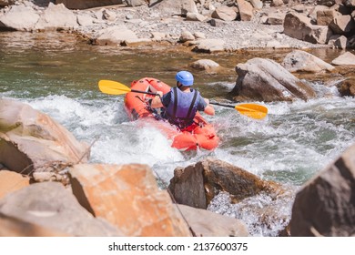 Inflatable Raft Extreme Sport At Mountain River Summertime Copy Space