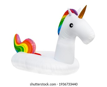 inflatable raft or swimming circle rainbow unicorn isolated on white background