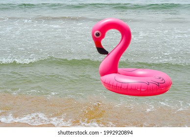 Inflatable Sea Float Pink Flamingo For Child Swimming In Summer Vacation Lifestyle, Travel Destination And Tourism Concept No People