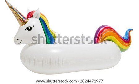 Inflatable white unicorn pool float with rainbow mane and golden horn