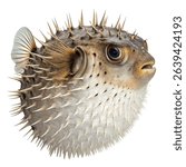 An inflated pufferfish with spines showing for defense isolated on a white background